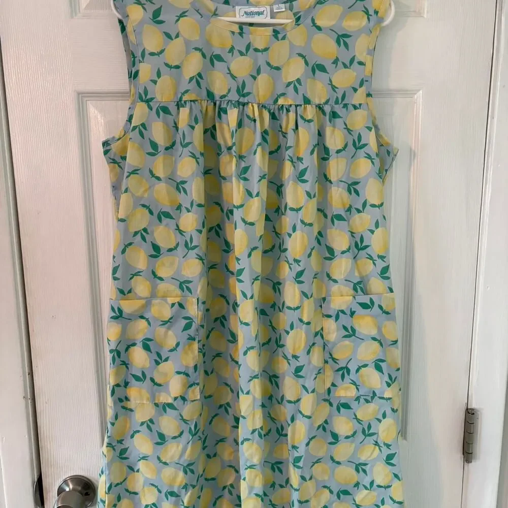 Lemon Print Mini Dress Cottagecore Summer Pocket Dress Blue Yellow Size L - Picture 8 of 8